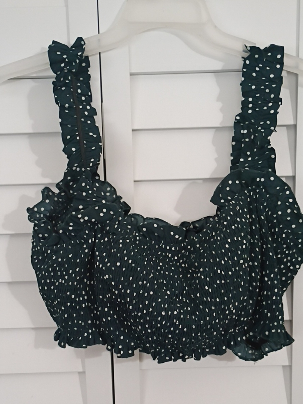 SHEIN Dark Green White Polka Dot Smocked Ruffle Crop Top